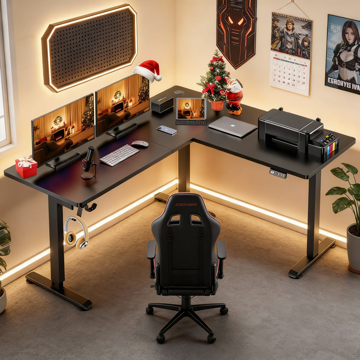 Legooin L-Shaped Ergonomic Sit-Stand Desk 63x55 inch Corner Standing Desk Gaming Table with Height Adjustable for Home Office Black