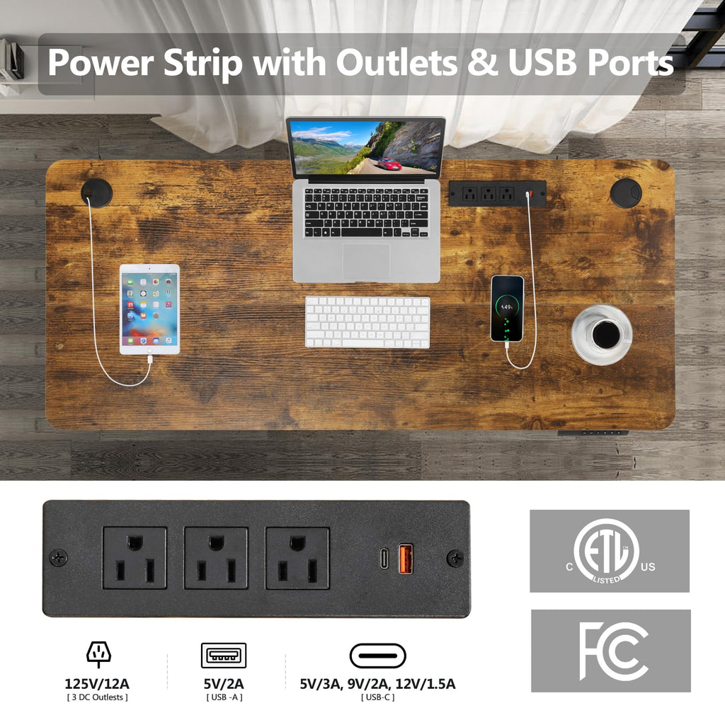 Legooin 70"W Ultra-Wide Electric Standing Desk with Power Strip, Rolling Gaming Desk with Height Adjustment 28"-46" for Home Office Gaming Room, Brown