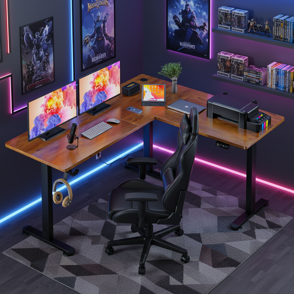 Legooin 63"W L-Shaped Standing Desk Adjustable Workstation 28"-46"H for Home Office Gaming Room, Brown