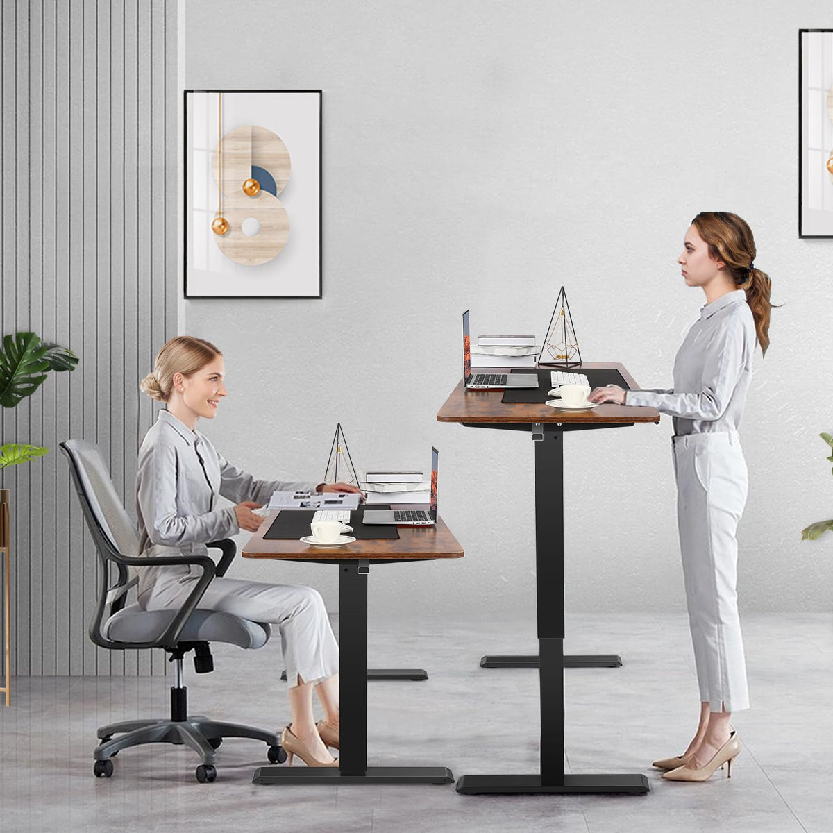 Legooin 70"W Ultra-Wide Electric Standing Desk with Power Strip, Rolling Gaming Desk with Height Adjustment 28"-46" for Home Office Gaming Room, Brown