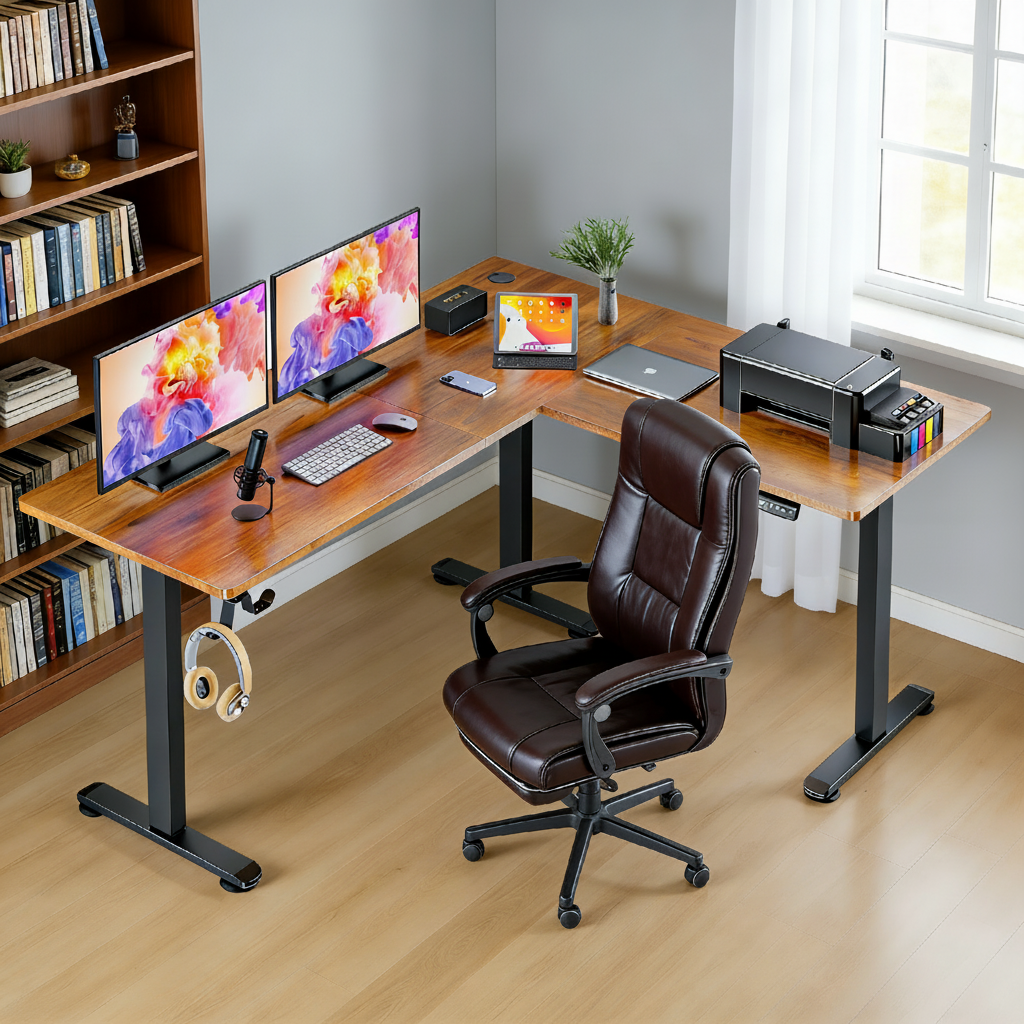 Legooin 63"W L-Shaped Standing Desk Adjustable Workstation 28"-46"H for Home Office Gaming Room, Brown