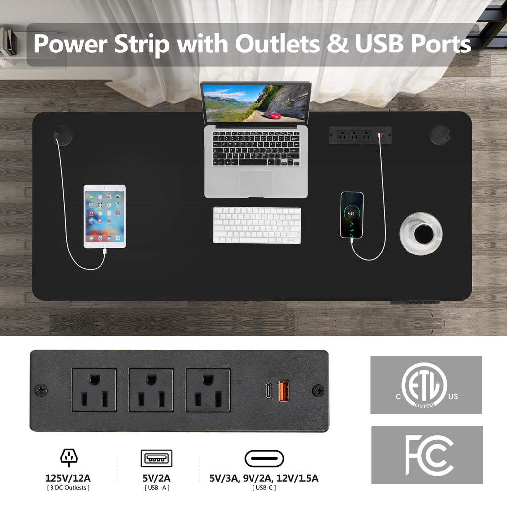 Legooin 70"W Electric Standing Desk with Wheels Computer Desk with Power Strip Mobile Workstation Height Adjustable 28"-46" for Office Home, Black