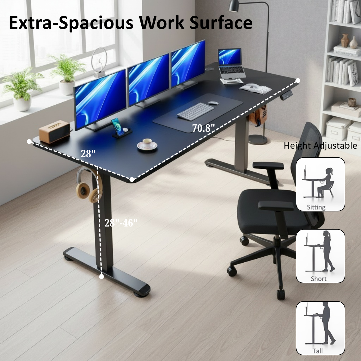 Legooin 70"W Movable Standing Desk Height Adjustable Gaming Desk 28"D Spacious-Wide Stand Up Table Home Office Writing Desk 28"-46"H, Black