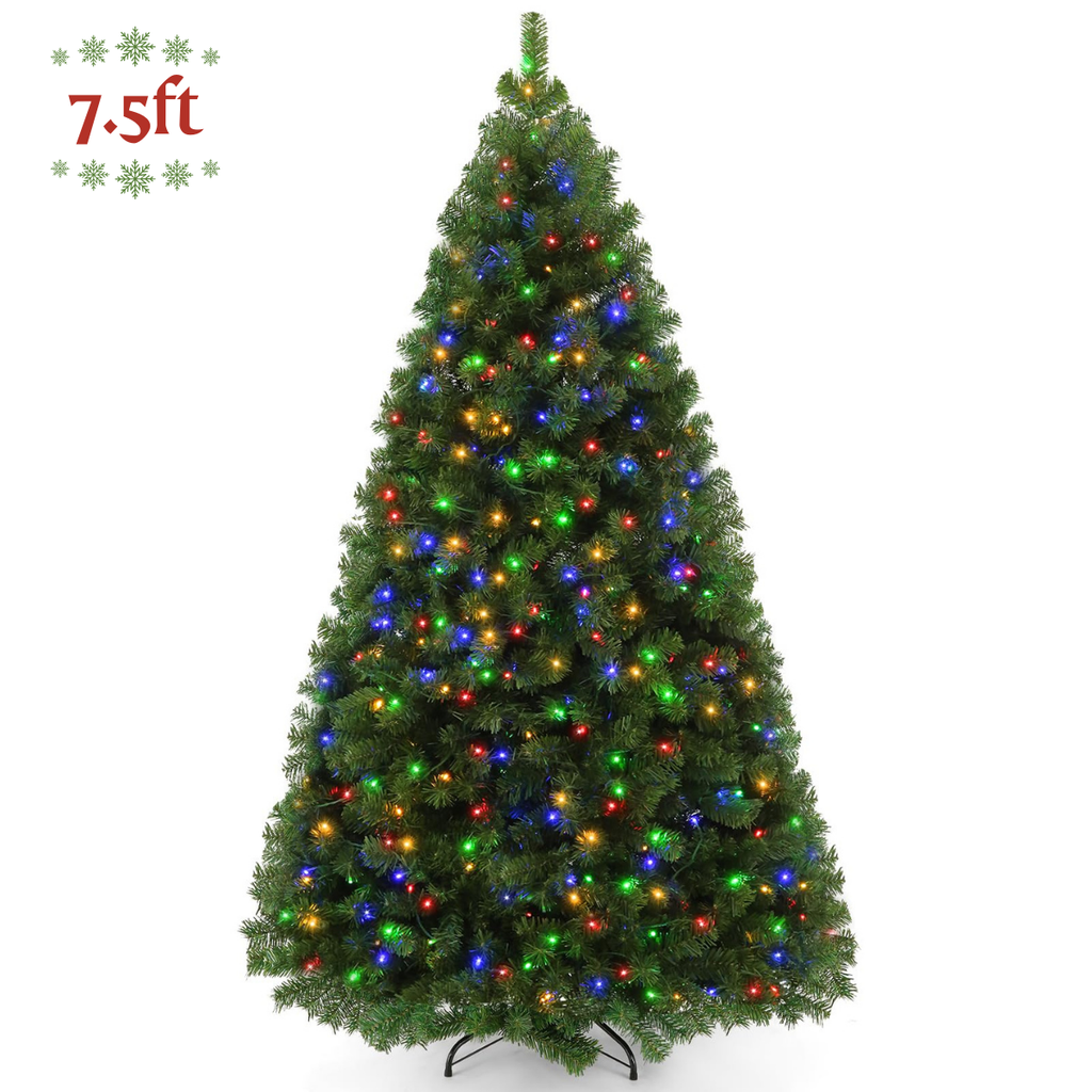 Legooin 7.5FT Pre-lit Artificial Christmas Tree with 1346 Branch Tips + 400 Colorful LED Lights, 3-Section Easy Assembly Hinged Christmas Tree with Metal Stand for Indoor Outdoor Holiday Decor, Green