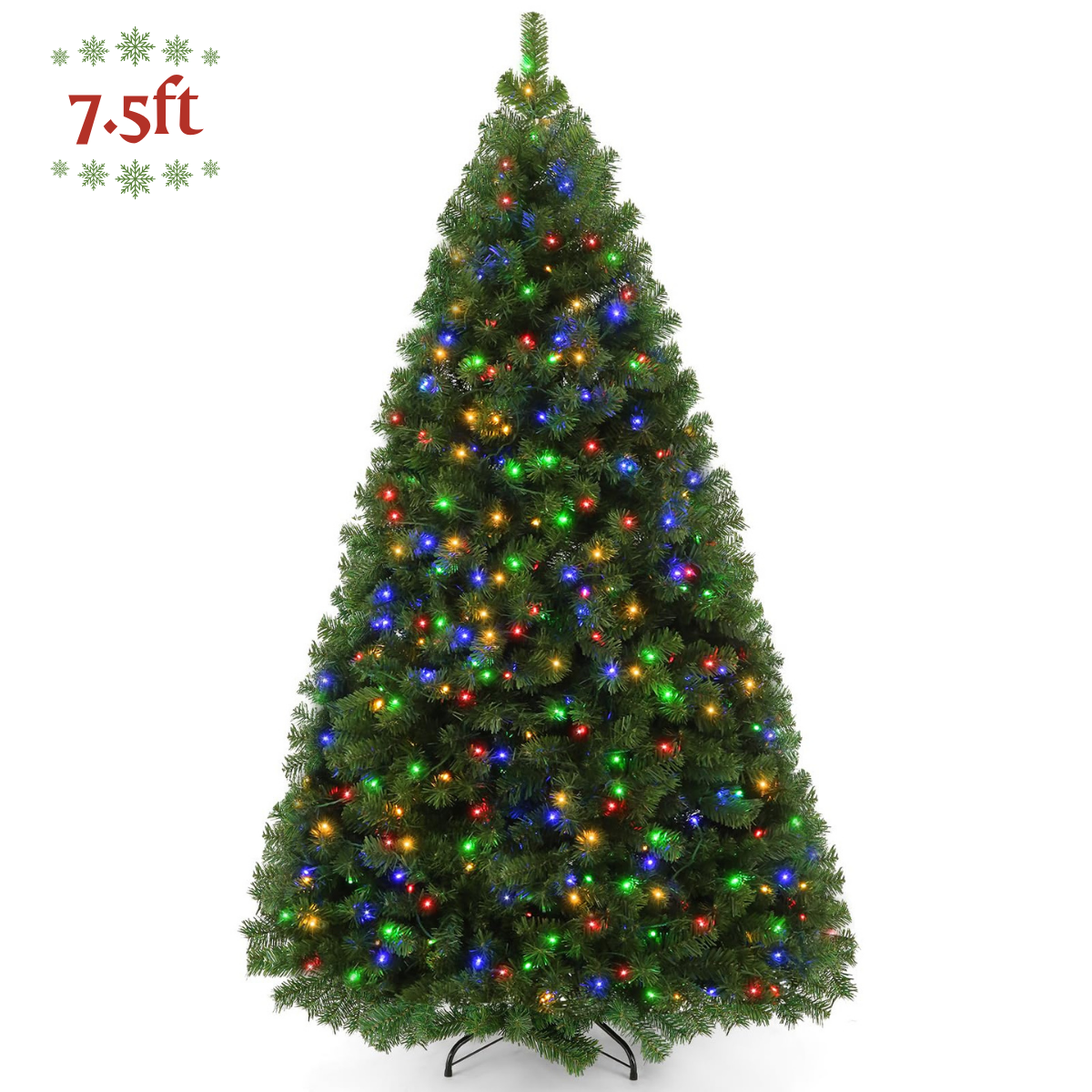 Legooin 7.5FT Pre-lit Artificial Christmas Tree with 1346 Branch Tips + 400 Colorful LED Lights, 3-Section Easy Assembly Hinged Christmas Tree with Metal Stand for Indoor Outdoor Holiday Decor, Green