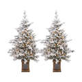 Legooin 2-Pack Flocked Pre-Lit Christmas Tree 4FT Realistic Potted Xmas Trees, 180 Branch Tips+100 Warm White Lights, for Home Commercial Décor, Flocked Green