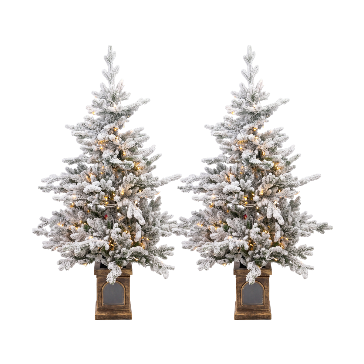 Legooin 2-Pack Flocked Pre-Lit Christmas Tree 4FT Realistic Potted Xmas Trees, 180 Branch Tips+100 Warm White Lights, for Home Commercial Décor, Flocked Green