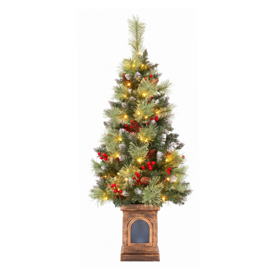 Legooin 4FT Pre-Lit Small Potted Christmas Tree with Warm White Lights Berries Porch Artificial Xmas Tree with Frosted Pot Base, for Home Holiday Décor or Commercial Display, Green