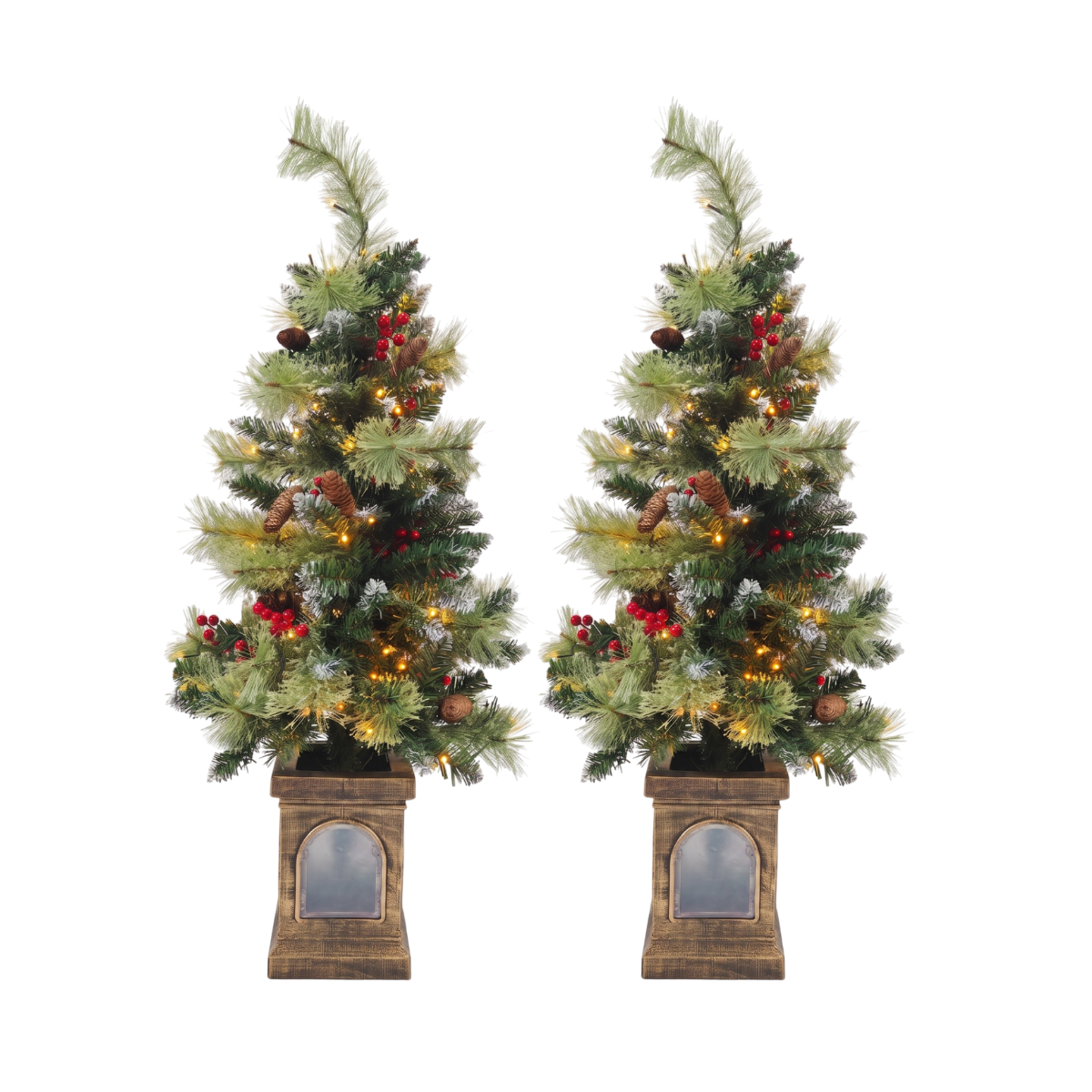 Legooin 2-Pack 4FT Pre-Lit Potted Trees Realistic Christmas Tree, Frosted Pot Base, Warm White Lights, for Xmas Home Décor Commercial Display, Green