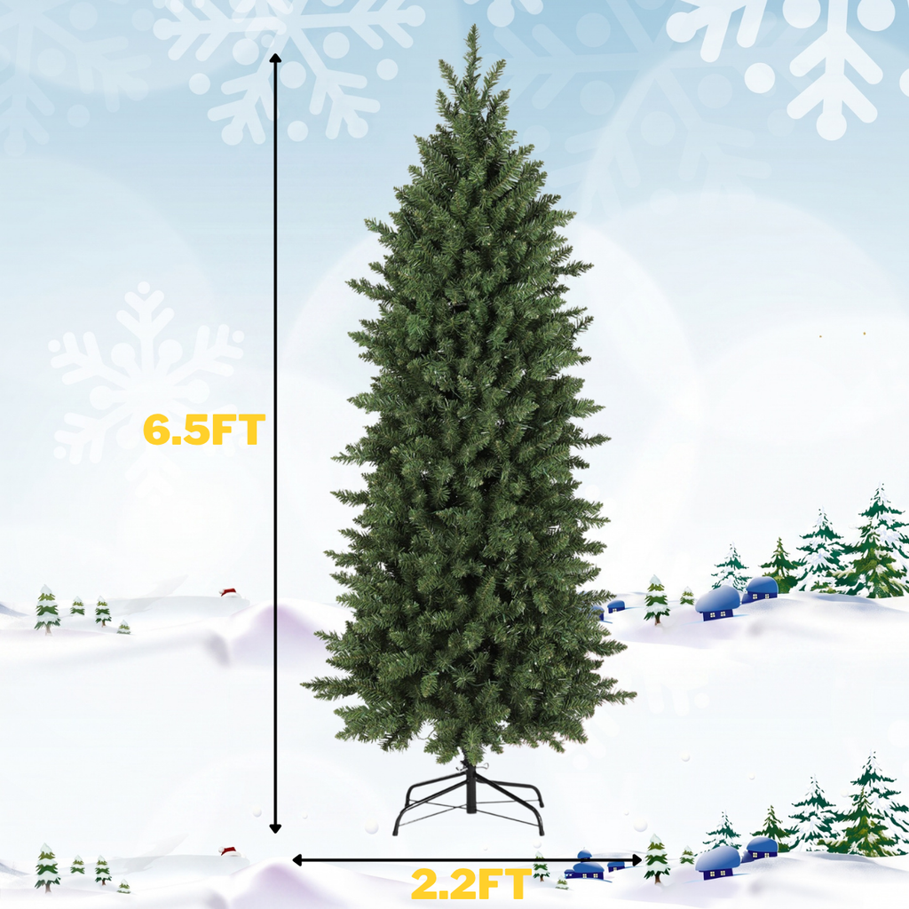 Legooin 6.5FT Pre-Lit Realistic Christmas Tree Slim Artificial Tree Pencil Decorative Xmas Tree with 700 Branch Tips 250 Multicolor Lights 50 Pinecones 50 Berries, Green