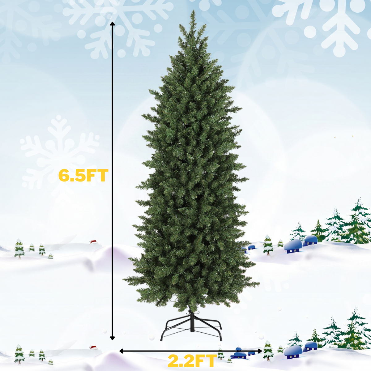 Legooin 6.5FT Pre-Lit Realistic Christmas Tree Slim Artificial Tree Pencil Decorative Xmas Tree with 700 Branch Tips 250 Multicolor Lights 50 Pinecones 50 Berries, Green
