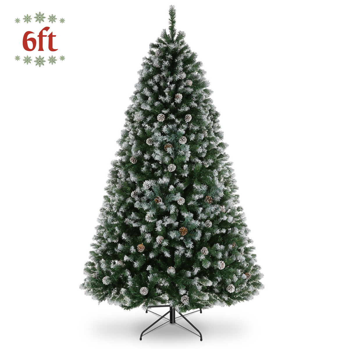 Legooin 6FT Unlit Artificial Christmas Tree with Pine Cones, 800 PVC Branch Tips Hinged Tree with Metal Stand for Indoor Outdoor Christmas Decor