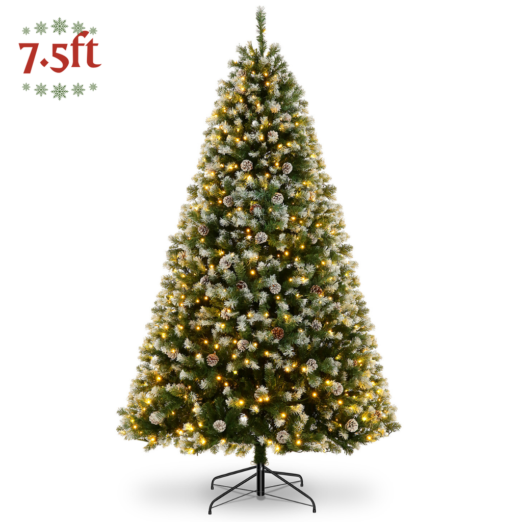 Legooin 7.5FT Pre-lit Christmas Tree with Pine Cones, 1346 PVC Branch Tips+550 Warm White Lights, Hinged Artificial Tree for Christmas Decor