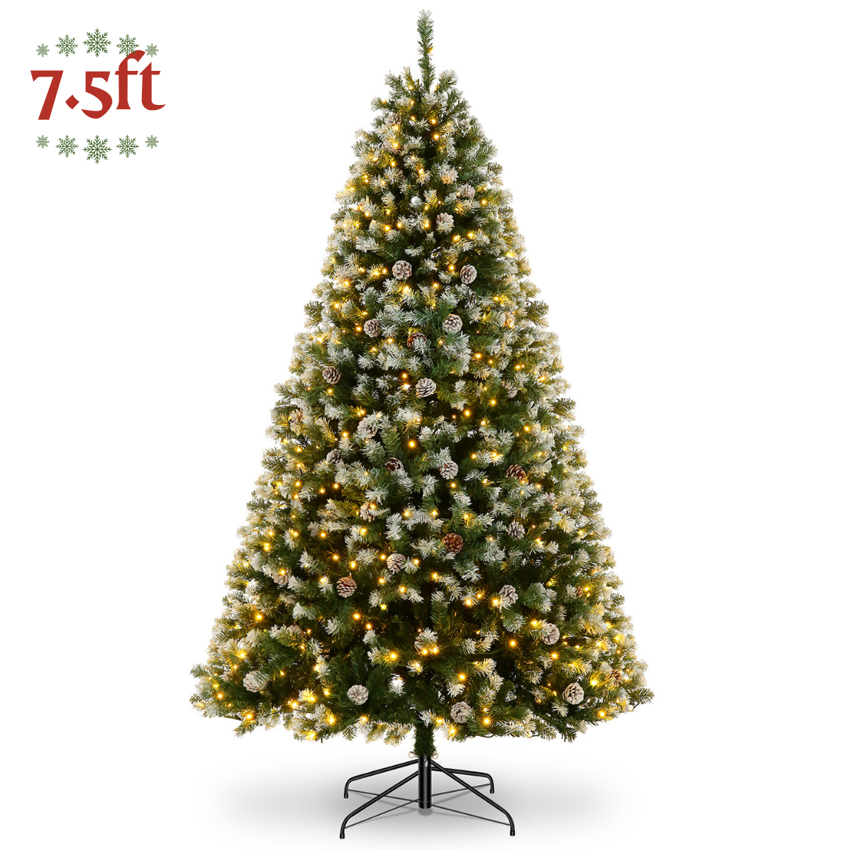Legooin 7.5FT Pre-lit Christmas Tree with Pine Cones, 1346 PVC Branch Tips+550 Warm White Lights, Hinged Artificial Tree for Christmas Decor