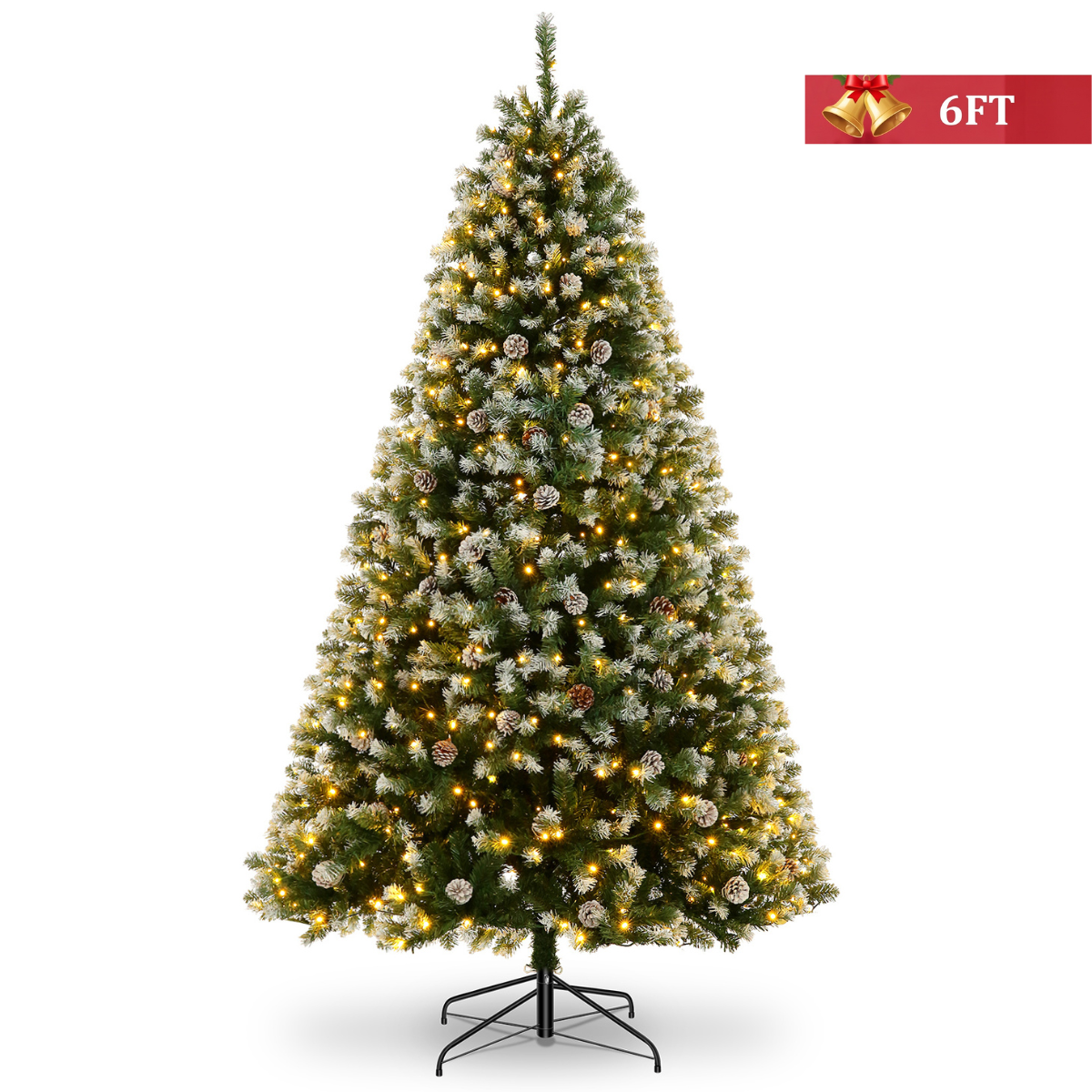 Legooin 6FT Pre-Lit Christmas Tree with Warm-color Lights, Realistic Flocked Xmas Tree with Pinecone Decorations, for Christmas Holiday Decor, Green