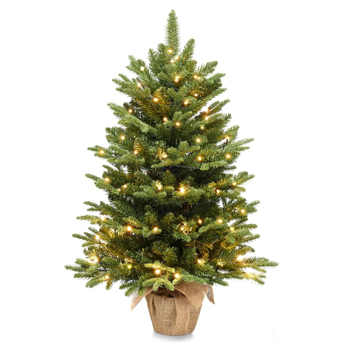Legooin 3FT Pre-Lit Realistic Christmas Tree Artificial Potted Tree with Warm White Lights, Xmas Tree with Burlap Base, for Holiday Décor, Green