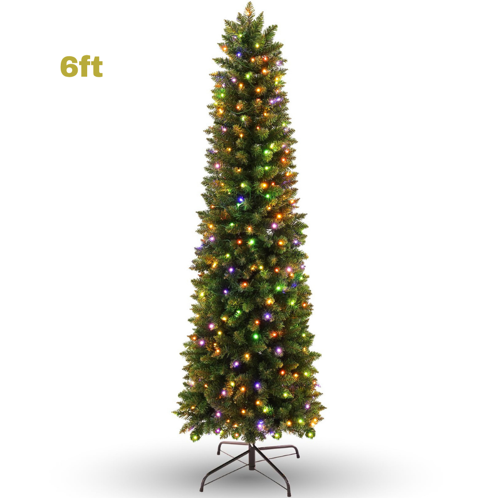Legooin 6ft Pre-lit Pencil Christmas Tree with 250 Colored Lights+570 PVC Branch Tips Slim Green Artificial Christmas Tree Holiday Ornaments, 2.2ft Dia