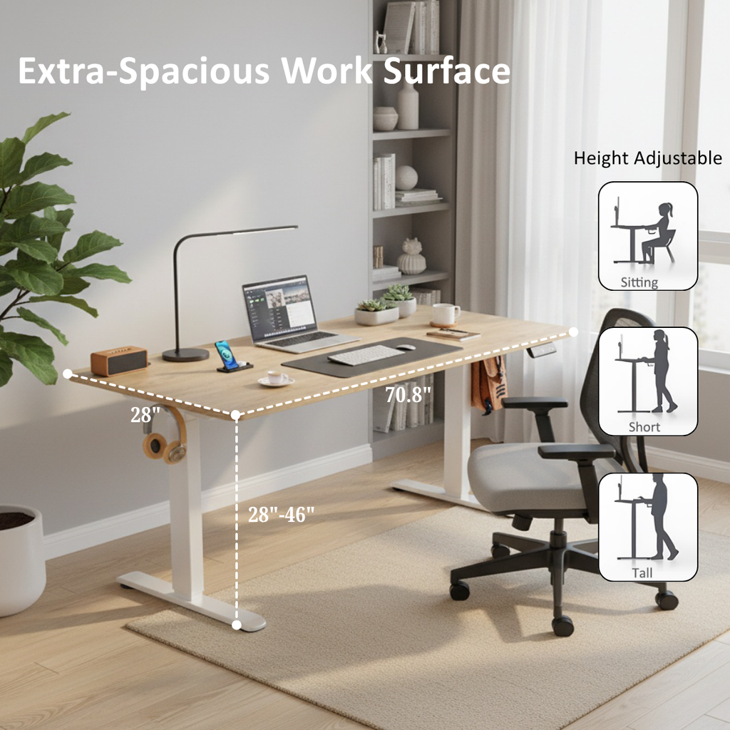 Legooin 70"W Extra Wide Sit-Stand Desk Mobile Gaming Table with USB Port for Home Office, Oak