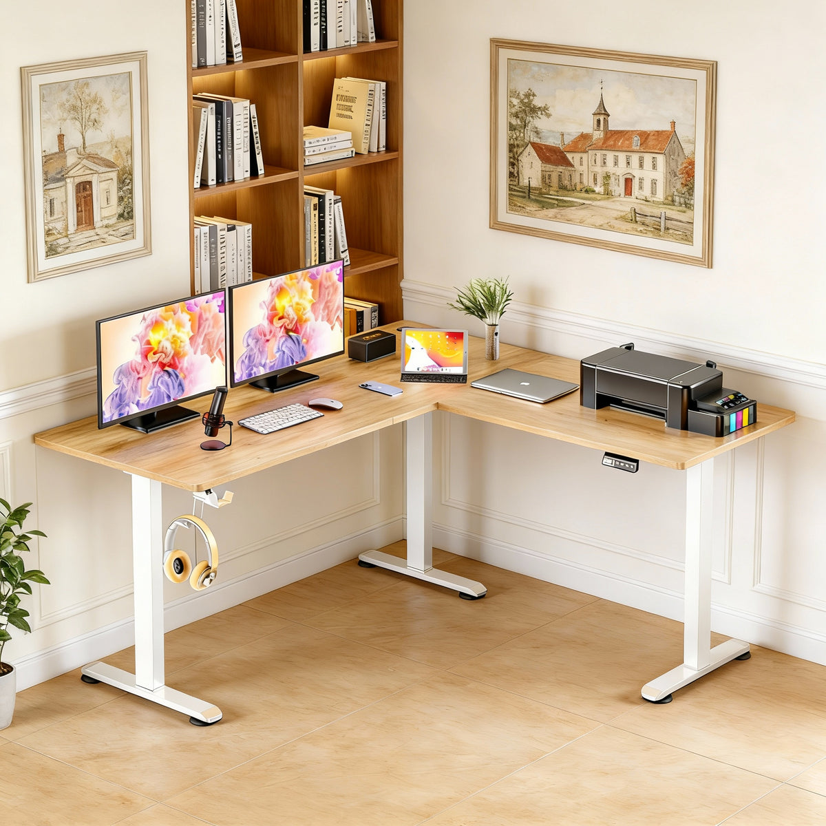 Legooin 63x55 inch L-Shaped Standing Desk Height Adjustable Sit-stand Desk Multi-Monitor Gaming Table Workstation for Home Office Oak