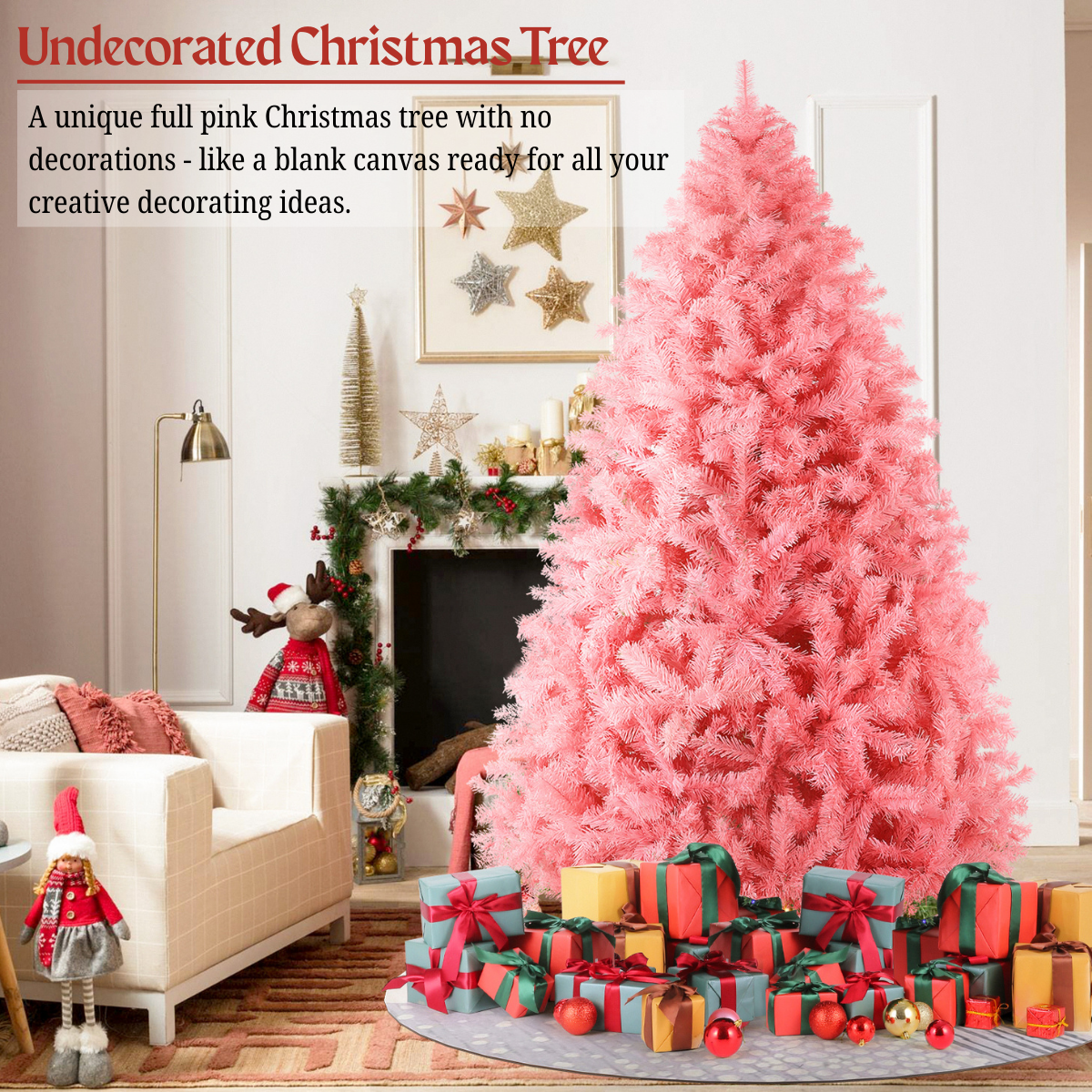 Legooin 6ft Unlit Pink Artificial Christmas Tree Hinged Tree with 800 PVC Branch Tips, Unique Christmas Holiday Decor Pink Party