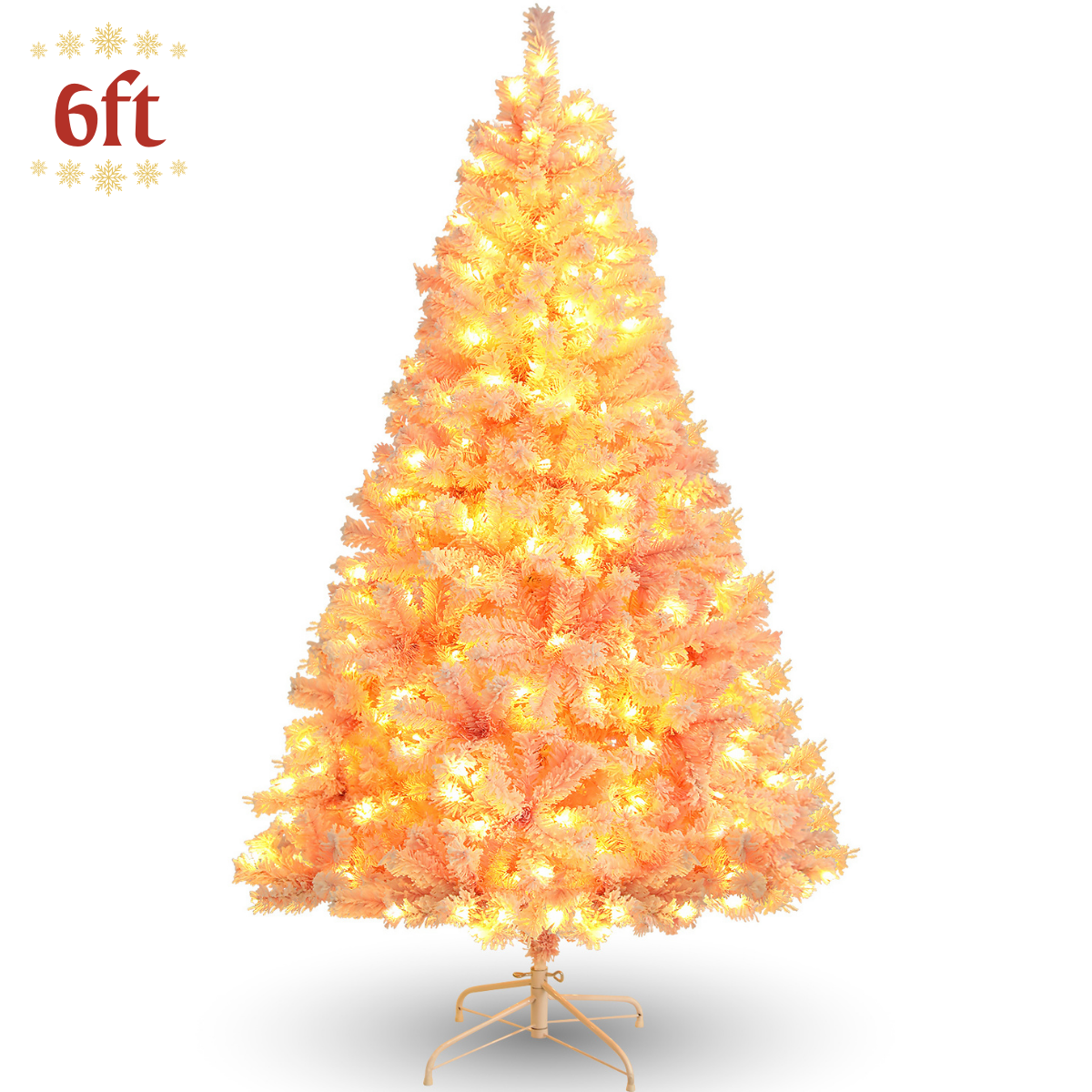 Legooin 6FT Pink Snow Flocked Artificial Christmas Tree, 800 PVC Branch Tips + 300 Warm White Lights, Unique Pink Christmas Decor