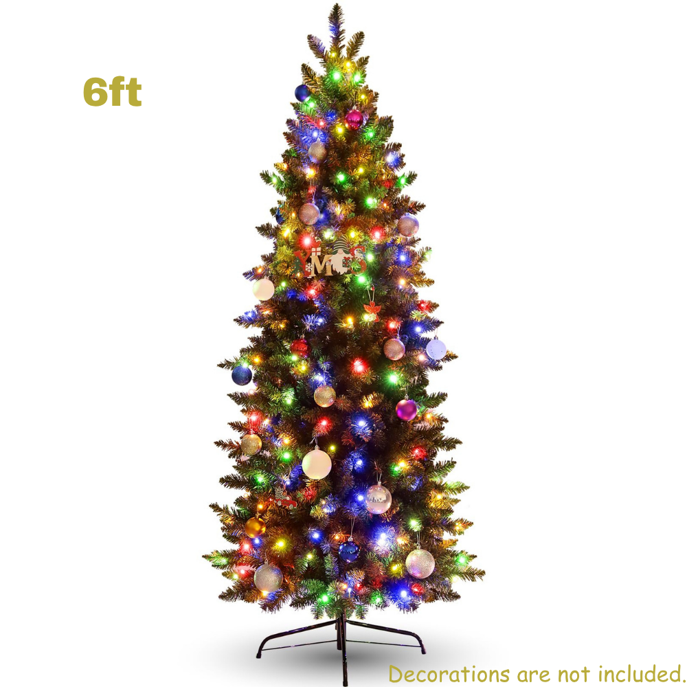 Legooin 6.5FT Pre-Lit Realistic Christmas Tree Slim Artificial Tree Pencil Decorative Xmas Tree with 700 Branch Tips 250 Multicolor Lights 50 Pinecones 50 Berries, Green