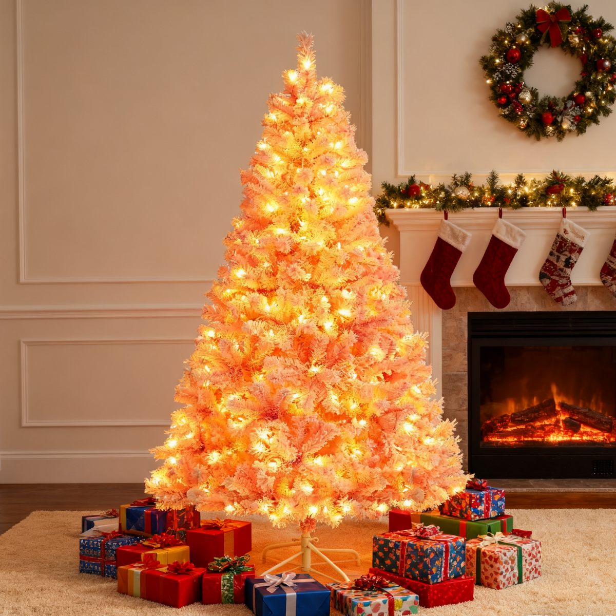 Legooin 6FT Pink Snow Flocked Artificial Christmas Tree, 800 PVC Branch Tips + 300 Warm White Lights, Unique Pink Christmas Decor