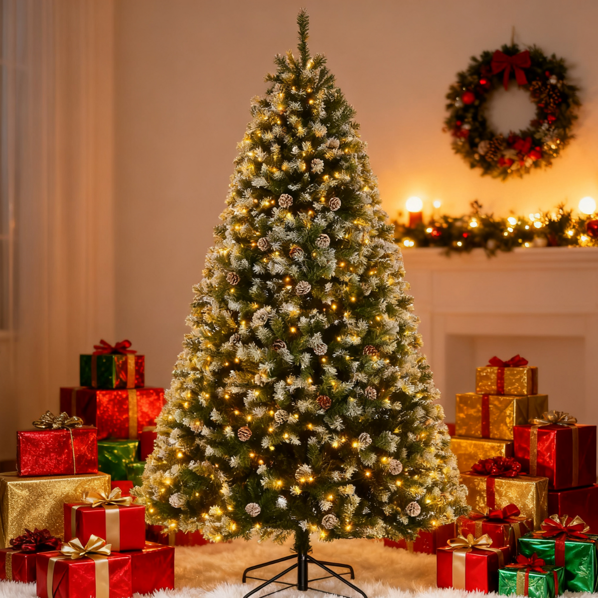 Legooin 6FT Pre-lit Christmas Tree with Pine Cones, 800 PVC Branch Tips + 300 Warm White Lights, for Christmas Holiday Halloween Decor