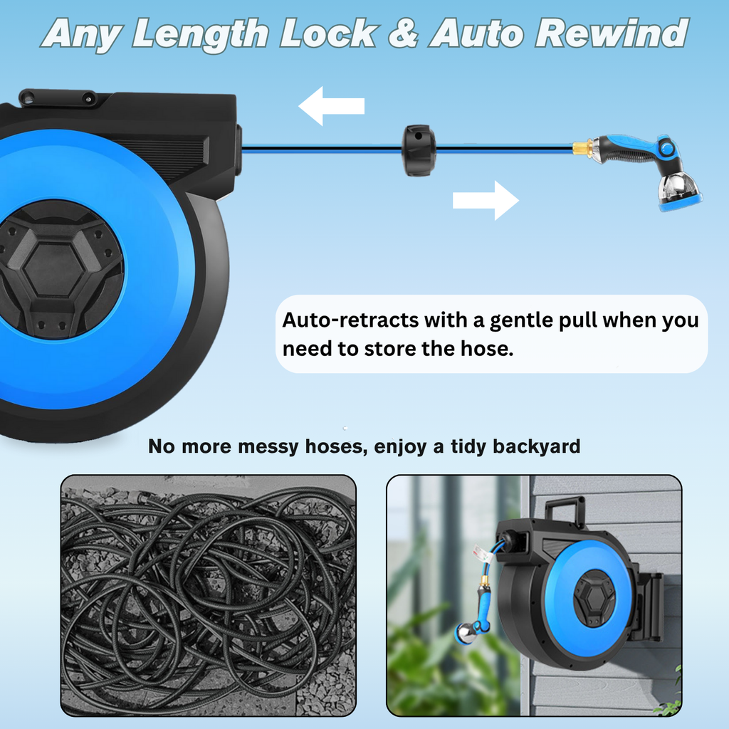 Legooin 82ft x 5/8 in Retractable Hose Reel, Wall Mount Garden Hose Reel for Outdoor Water Hose with 10-Pattern Sprayer Nozzle, Auto Rewind, Length Lock, 180° Swivel