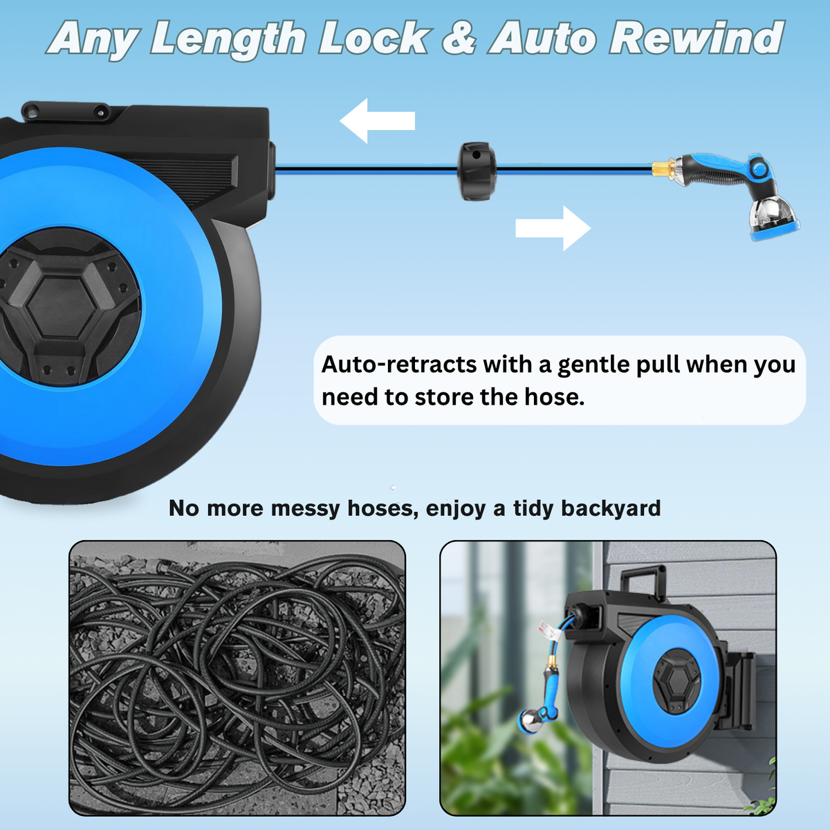 Legooin 82ft x 5/8 in Retractable Hose Reel, Wall Mount Garden Hose Reel for Outdoor Water Hose with 10-Pattern Sprayer Nozzle, Auto Rewind, Length Lock, 180° Swivel