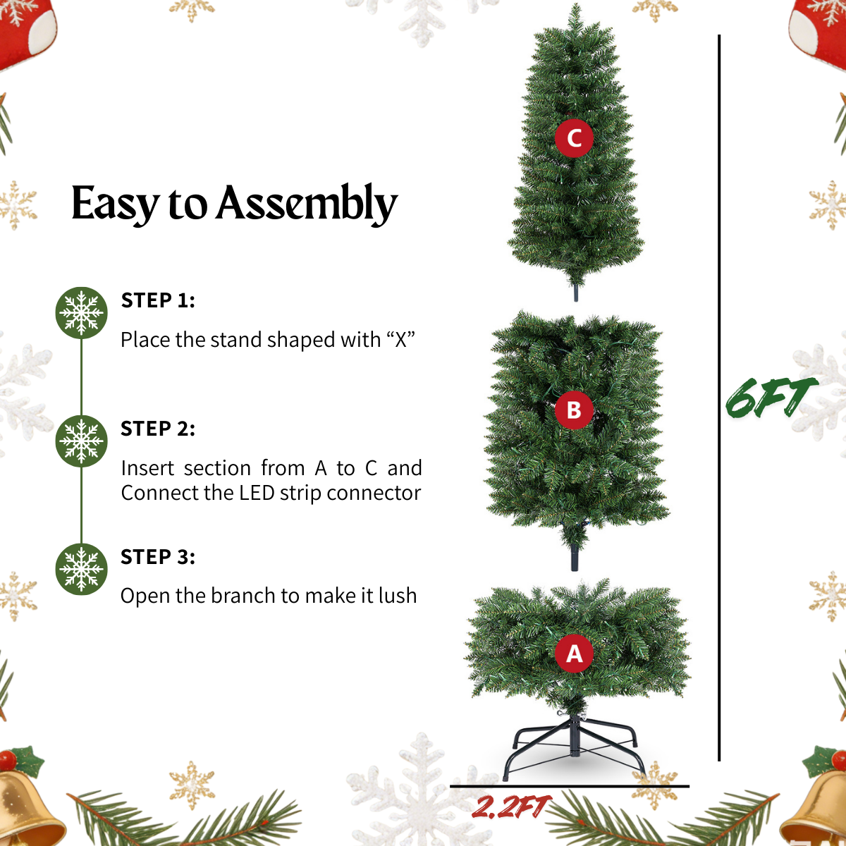 Legooin 6ft Pre-lit Pencil Christmas Tree with 250 Colored Lights+570 PVC Branch Tips Slim Green Artificial Christmas Tree Holiday Ornaments, 2.2ft Dia