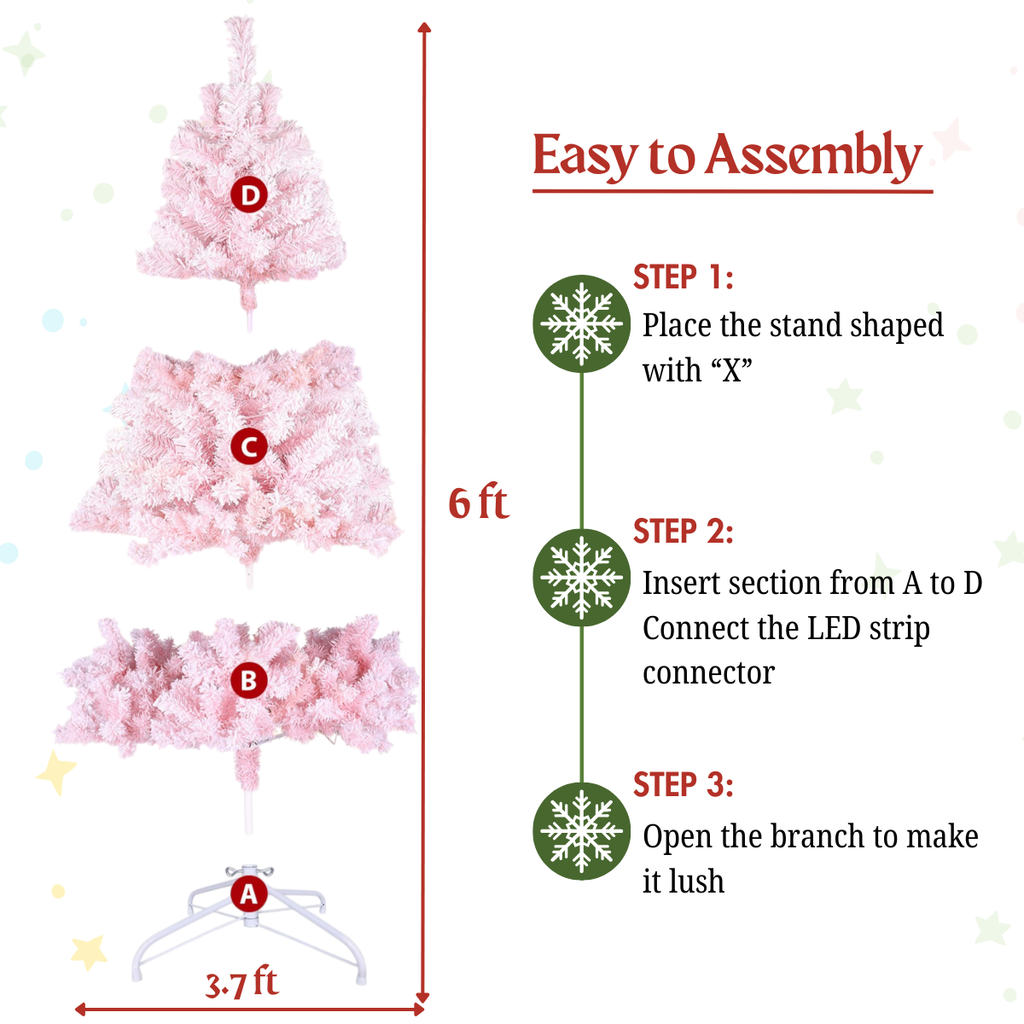 Legooin 6FT Pink Snow Flocked Artificial Christmas Tree, 800 PVC Branch Tips + 300 Warm White Lights, Unique Pink Christmas Decor