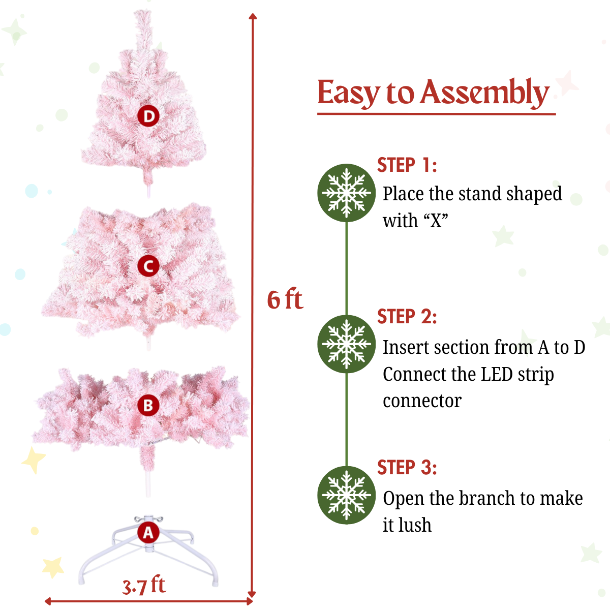 Legooin 6FT Pink Snow Flocked Artificial Christmas Tree, 800 PVC Branch Tips + 300 Warm White Lights, Unique Pink Christmas Decor