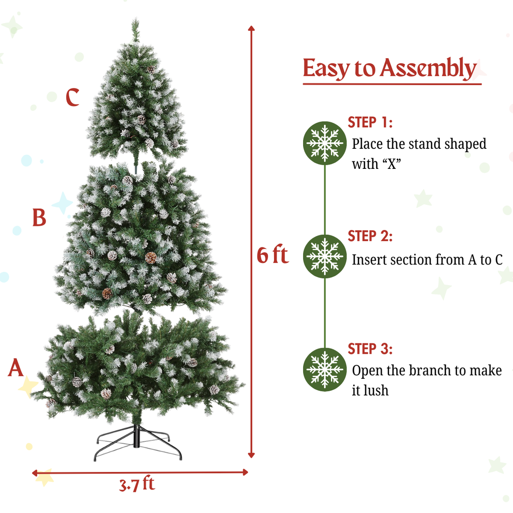 Legooin 6FT Unlit Artificial Christmas Tree with Pine Cones, 800 PVC Branch Tips Hinged Tree with Metal Stand for Indoor Outdoor Christmas Decor