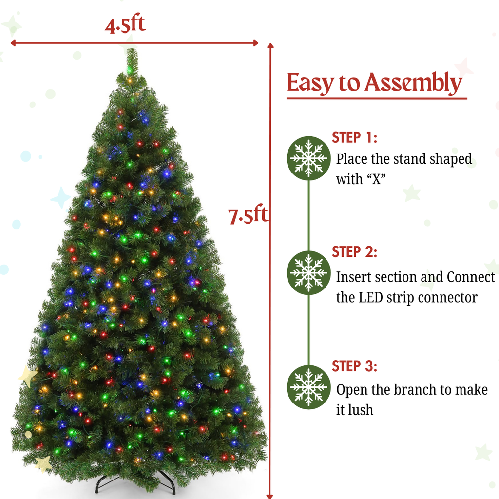 Legooin 7.5FT Pre-lit Artificial Christmas Tree with 1346 Branch Tips + 400 Colorful LED Lights, 3-Section Easy Assembly Hinged Christmas Tree with Metal Stand for Indoor Outdoor Holiday Decor, Green