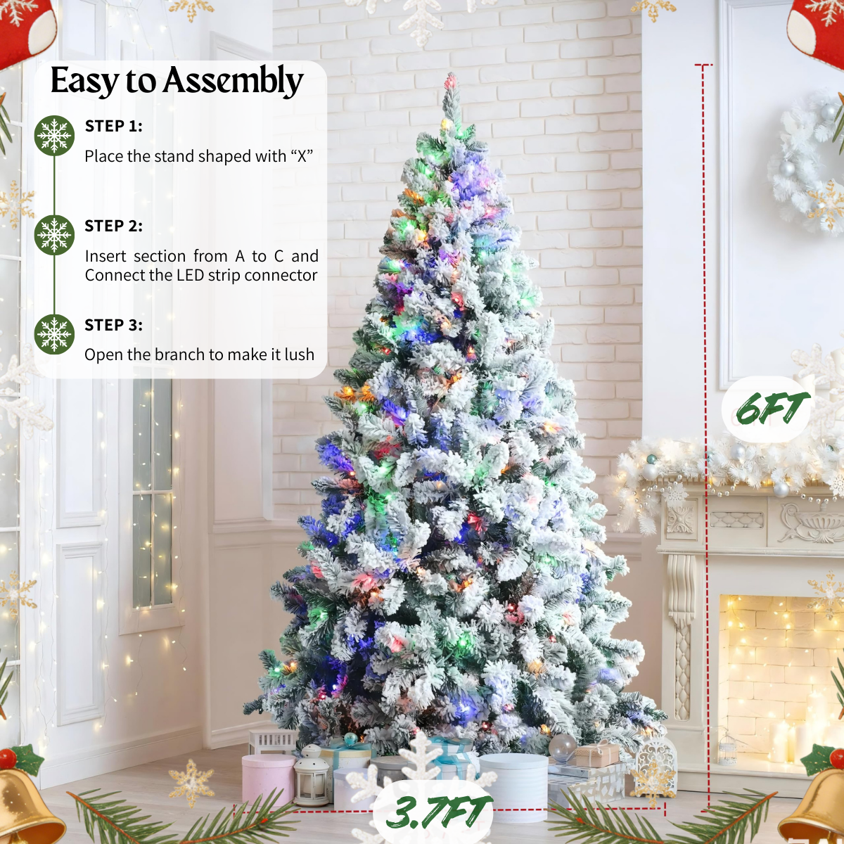 Legooin 6FT Snow Flocked Prelit Artificial Christmas Tree with 300 Colored Lights+800 PVC Branch Tips for Holiday Halloween Christmas Decor