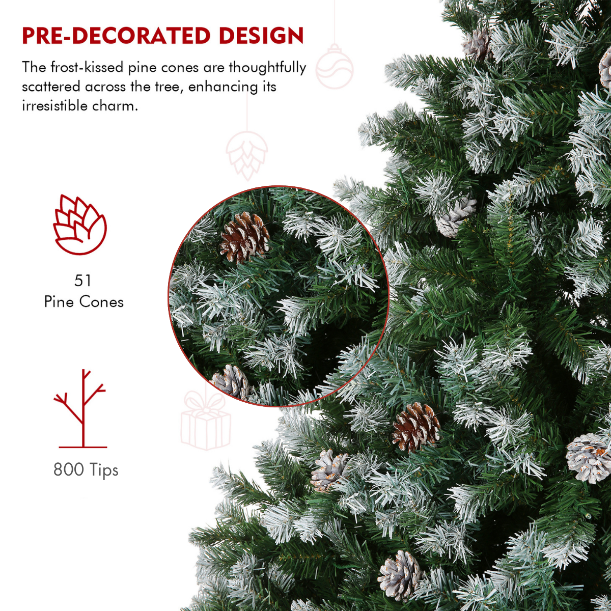Legooin 6FT Unlit Artificial Christmas Tree with Pine Cones, 800 PVC Branch Tips Hinged Tree with Metal Stand for Indoor Outdoor Christmas Decor