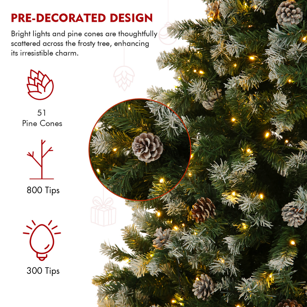 Legooin 6FT Pre-lit Christmas Tree with Pine Cones, 800 PVC Branch Tips + 300 Warm White Lights, for Christmas Holiday Halloween Decor