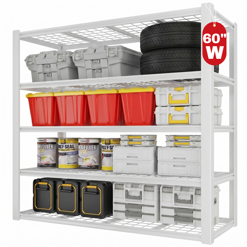 Legooin 60"W x 24"D x 72"H Heavy Duty Garage Rack Storage Shelving Unit Industrial Wire shelf 3000 lbs Capacity Utility Shelving for Warehouse Basement, White
