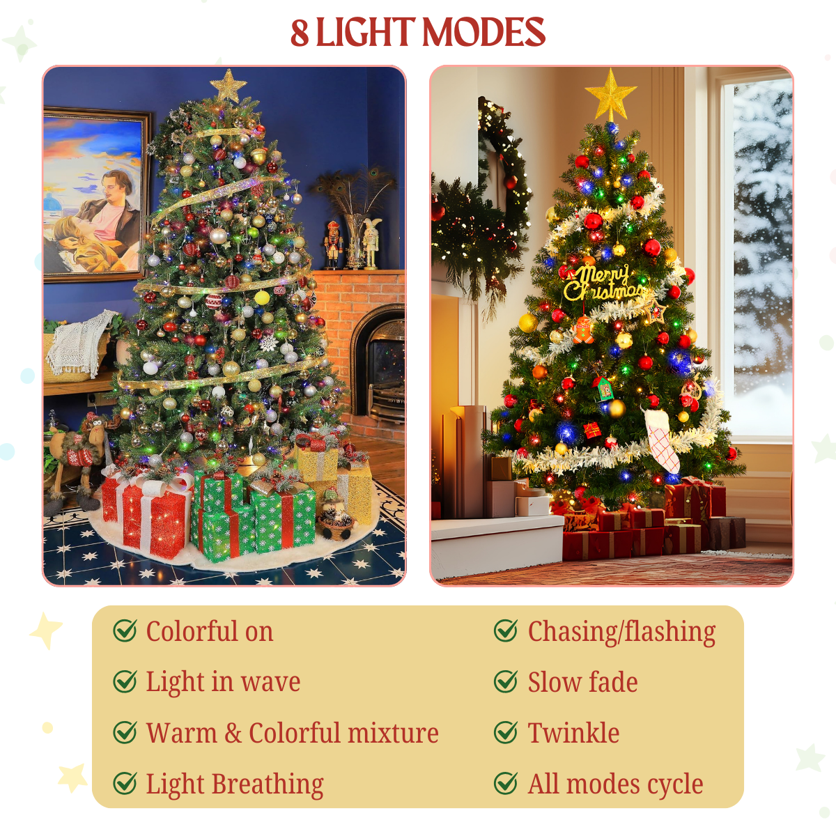 Legooin 7.5FT Pre-lit Artificial Christmas Tree with 1346 Branch Tips + 400 Colorful LED Lights, 3-Section Easy Assembly Hinged Christmas Tree with Metal Stand for Indoor Outdoor Holiday Decor, Green
