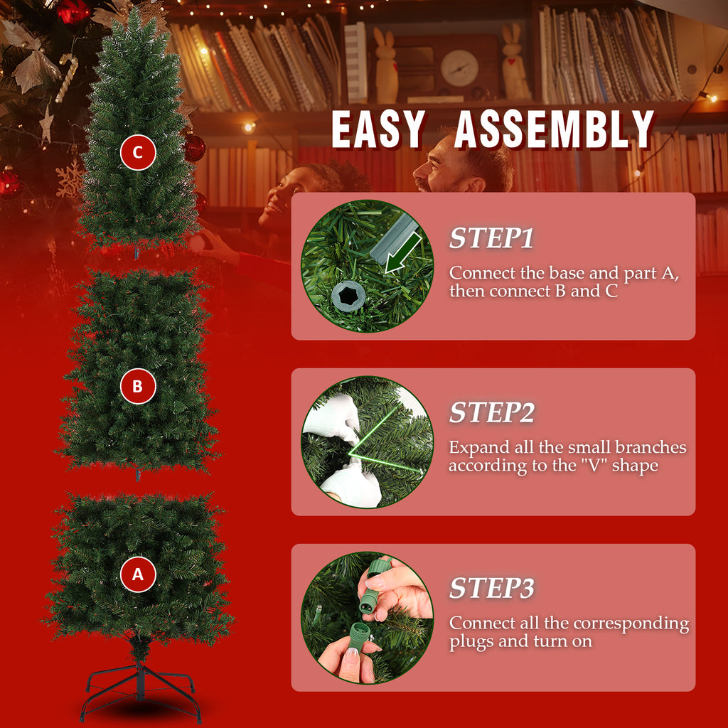 Legooin 6ft Pre-lit Pencil Christmas Tree with 250 Colored Lights+570 PVC Branch Tips Slim Green Artificial Christmas Tree Holiday Ornaments, 2.2ft Dia