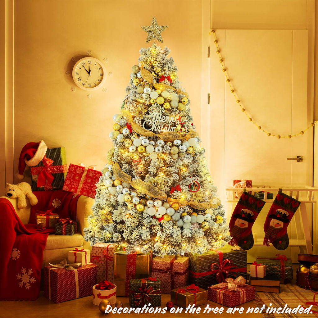 Legooin 6FT Snow Flocked Prelit Christmas Tree with 800 PVC Tips+300 Warm White LED Lights, Hinged Artificial Xmas Tree, Green