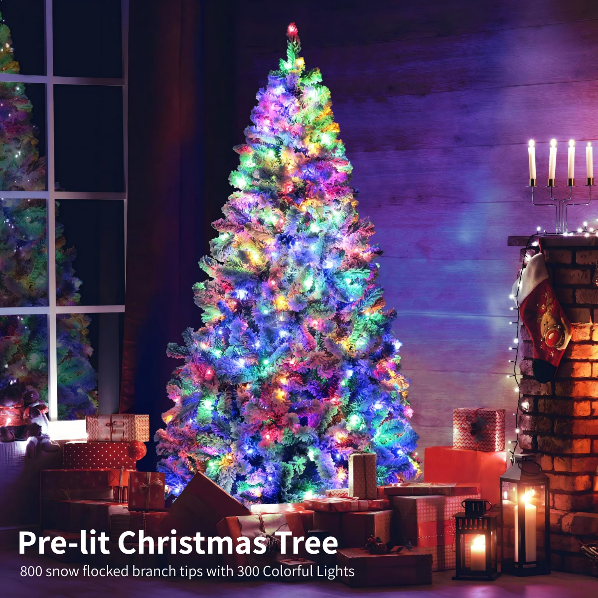 Legooin 6FT Snow Flocked Prelit Artificial Christmas Tree with 300 Colored Lights+800 PVC Branch Tips for Holiday Halloween Christmas Decor