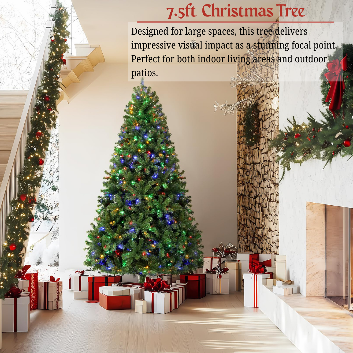Legooin 7.5FT Pre-lit Artificial Christmas Tree with 1346 Branch Tips + 400 Colorful LED Lights, 3-Section Easy Assembly Hinged Christmas Tree with Metal Stand for Indoor Outdoor Holiday Decor, Green