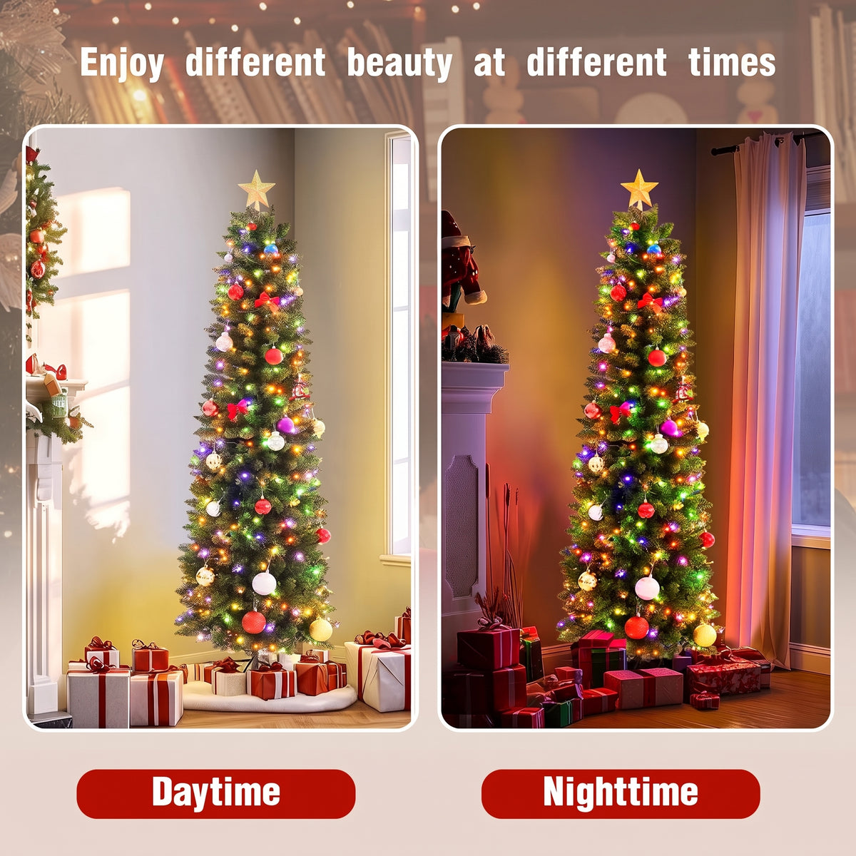 Legooin 6ft Pre-lit Pencil Christmas Tree with 250 Colored Lights+570 PVC Branch Tips Slim Green Artificial Christmas Tree Holiday Ornaments, 2.2ft Dia