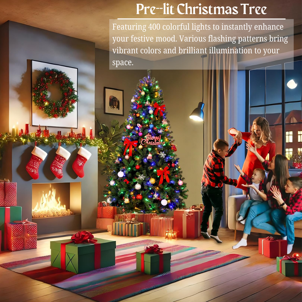 Legooin 7.5FT Pre-lit Artificial Christmas Tree with 1346 Branch Tips + 400 Colorful LED Lights, 3-Section Easy Assembly Hinged Christmas Tree with Metal Stand for Indoor Outdoor Holiday Decor, Green