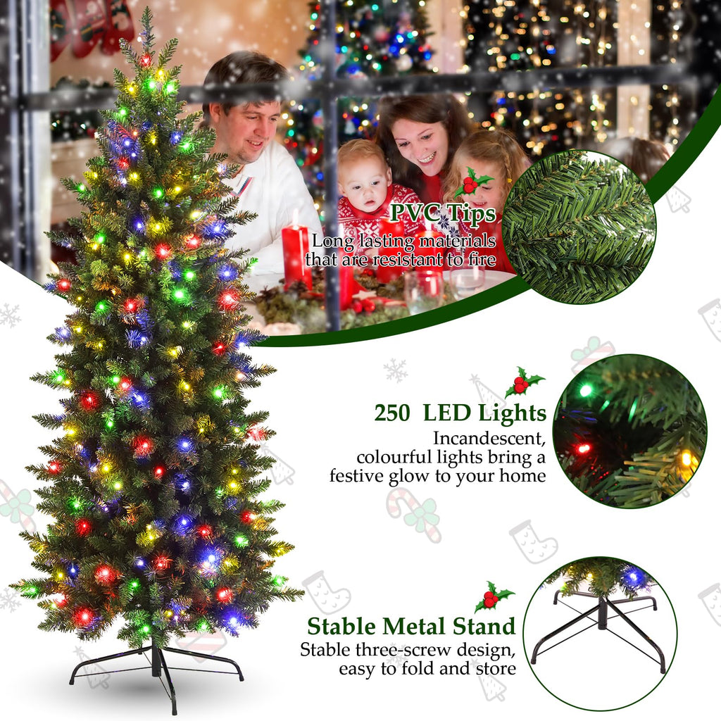 Legooin 6ft Pre-lit Slim Christmas Tree Skinny Hinged Artificial Xmas Tree with 250 Color-Changing Lights+957 Branch Tips