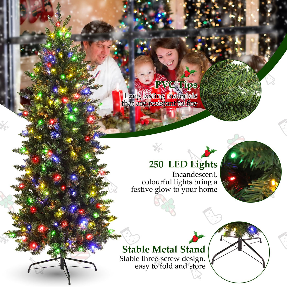 Legooin 6ft Pre-lit Slim Christmas Tree Skinny Hinged Artificial Xmas Tree with 250 Color-Changing Lights+957 Branch Tips