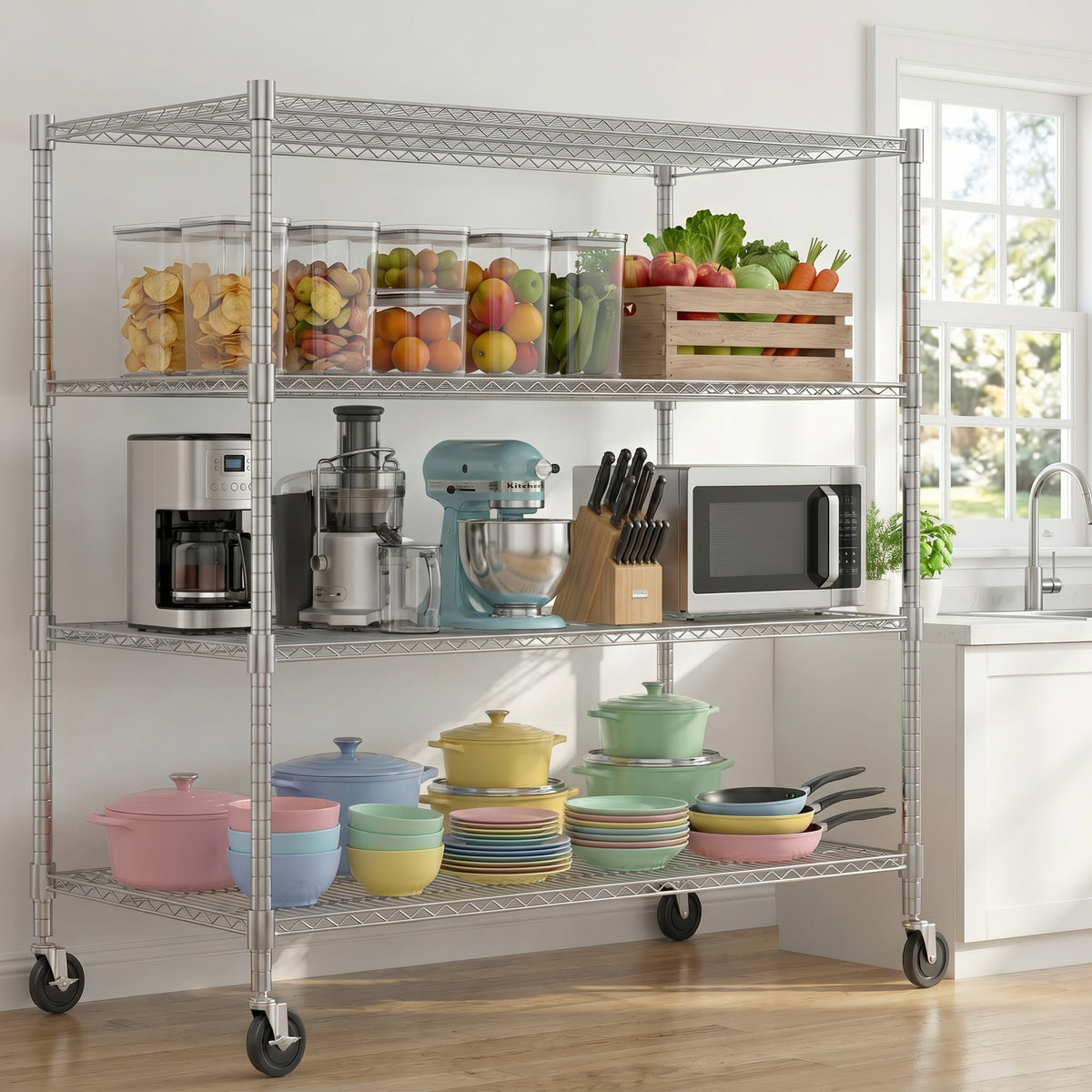 Legooin 24"D x 48"W x 72"H Metal Storage Rack Adjustable Storage Wire Shelf Garage Shelf with Wheels for Residential and Industrial Use, Silver