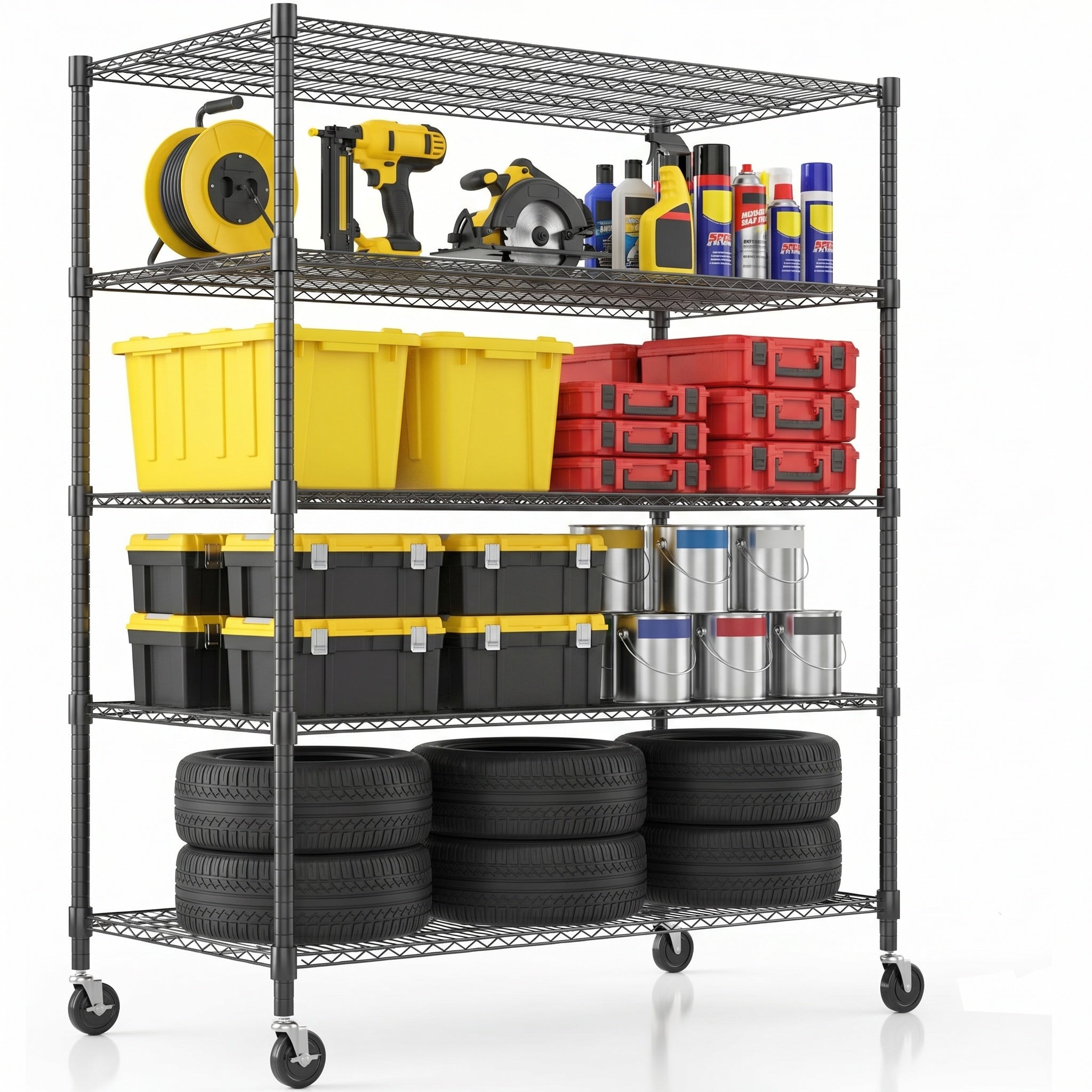 Legooin 5-Tier Heavy Duty Storage Rack with Wheels Industrial Shelving Unit Wire Shelf for Garage Warehouse Pantry, 48"W x 24"D x 82"H, Black